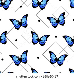 Seamless pattern with abstract butterfly and geometric shapes on white background. Vector.