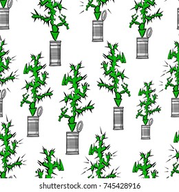 Seamless pattern with abstract cactus in cans. Vector illustration on white background. Cartoon style.