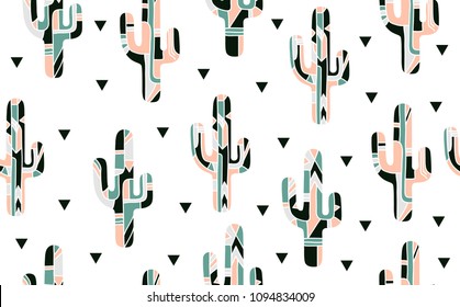 Seamless Pattern with Abstract  Cactus and  Triangles  on white Background. Scandinavian style. Texture for fabric, wrapping, textile, wallpaper, apparel. Vector illustration.