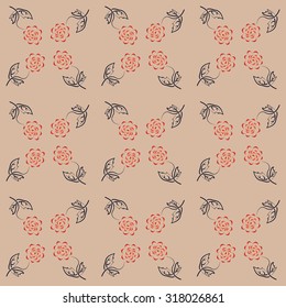 Seamless pattern with abstract calligraphic black and red flowers, pink decorative background, floral design template. Vector illustration.