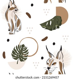 Seamless pattern abstract caracal and tropic leaves. Modern style. Vector, illustration.