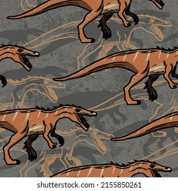 Seamless pattern with abstract cartoon baryonyx. Background with dino for textile, fabric, kids, boy, wrapping paper, Web, clothes, socks and other design.