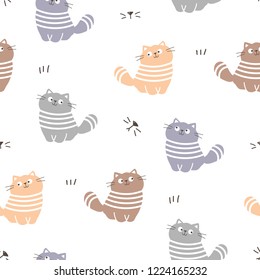 Seamless Pattern with Abstract Cartoon Cat Design on White Background