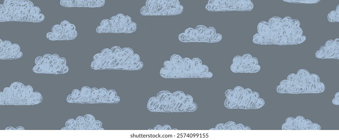 Seamless pattern with abstract cartoon clouds. Cute kid seamless pattern. Hand drawn doodle sketch children cute vector school chalk background. Kids doodle crayon style line doodle pattern.