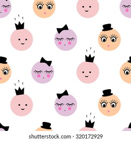 Seamless pattern with abstract cartoon funny female faces with  hat, crown, bow on white background. Cute child drawing style persons.