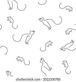 Patrón sin foco con gatos abstractos y fallecimiento dibujado en una línea negra sobre un fondo blanco. Gráfica vectorial de gatos de dibujo manual