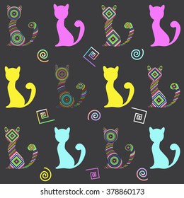 Seamless pattern with abstract cats shapes on black background. Hand drawn color vector illustration. Decorative bright texture for print, fabric etc.