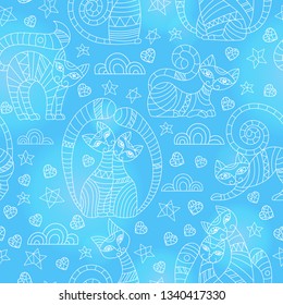 Seamless pattern with abstract cats, stars and hearts, white outline drawings on blue background