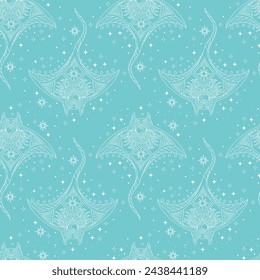 Seamless pattern abstract celestial sea stingray. Background with manta rays and stars. Vector illustration turquoise background for textile, astrology, phone case, wrapping paper,zodiac star yoga mat