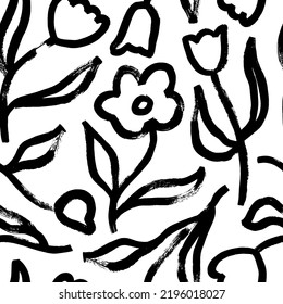 Seamless pattern with abstract chamomiles and tulips. Hand drawn geometric floral motif. Black bold brush lines. Stylized chamomiles with stems and leaves. Naive childish textured flower.