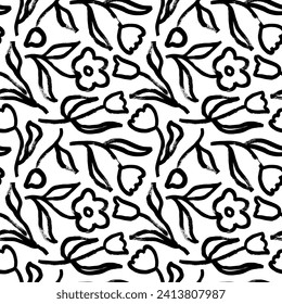 Seamless pattern with abstract chamomiles and tulips. Hand drawn geometric floral motif. Black bold brush lines. Stylized chamomiles with stems and leaves. Naive childish textured flower.