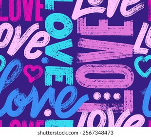 Seamless pattern abstract chaotic inscriptions love with line hearts. Hand painted with a dry brush on canvas. Monochrome background. Wallpaper seamless pattern for girls, Valentines day.