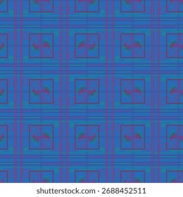 Seamless pattern with abstract checkers, swirls and lines in blue, green and pink