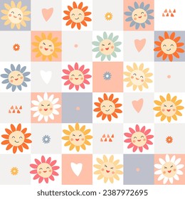 Seamless pattern with abstract cheerful flowers of daisies and cute faces with smiles on the background of a grid of multicolored squares. Vector graphics.