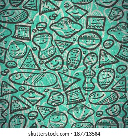 Seamless pattern of abstract cheerful smiles of different shapes