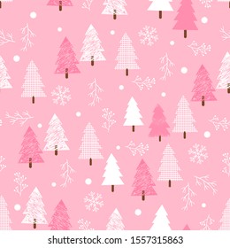 Seamless pattern with Abstract Christmas tree and falling snows on pink background vector illustration.