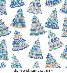 Seamless pattern with abstract Christmas trees doodles on a white background, cover design, print on textiles and more