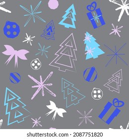 Seamless pattern with abstract Christmas trees, gifts, snowflakes, bows and balls. Pattern idea for Christmas wrappers, napkins, postcards.