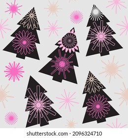 Seamless pattern with abstract Christmas trees, snowflakes and stars. Pattern idea for Christmas wrappers, napkins, postcards.