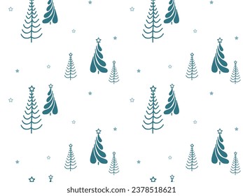 Seamless pattern of abstract Christmas trees. Doodle green spruce pine fir. Winter forest holiday background. Evergreen tree endless ornament
