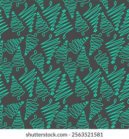 Seamless pattern of abstract Christmas trees in neon green on a dark gray background. Perfect for holiday wrapping paper, festive decorations, and creative designs.