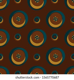 Seamless pattern with abstract pattern with circles in autumn colors on a brown background.
