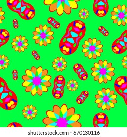 Seamless pattern with abstract circles and details. Background is green. Items placed chaotic. 