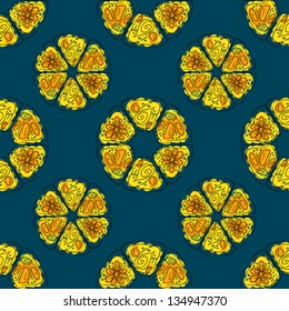 Seamless pattern with abstract circles of flowers and leaves, endless texture background