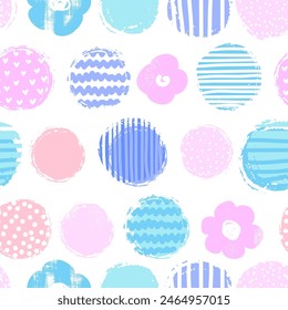 Seamless pattern with abstract circles and flowers print on white background.  Hand drawn Creative texture for fabric, wrapping, textile, wallpaper, apparel. Pastel Vector illustration 