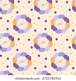 Un patrón sin fisuras con motivos circulares abstractos en forma de abanico en púrpura, lavanda y naranja, intercalados con puntos Pequeños sobre un fondo crema claro, creando un diseño decorativo y repetitivo.