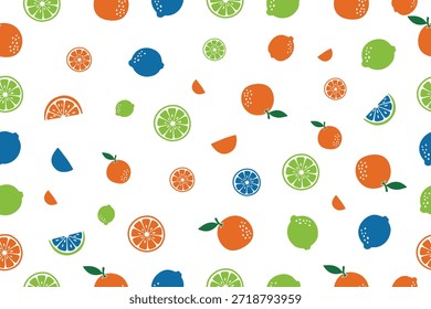 Seamless pattern of abstract citrus fruits with orange lemon and lime slices on white background	