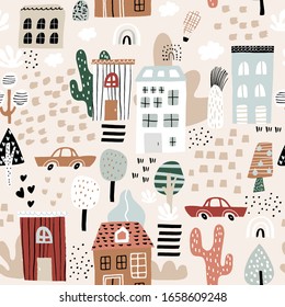 Seamless pattern with abstract city life, houses, trees, cars and floral elements. Trendy modern texture for fabric, wallpaper, textile, apparel. Vector illustration