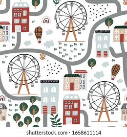 Seamless pattern with abstract city life, houses, ferris wheel trees, cars and floral elements. Trendy modern texture for fabric, wallpaper, textile, apparel. Vector illustration