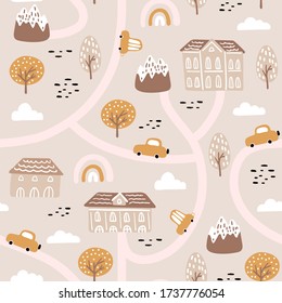 Seamless pattern with abstract city life, houses, cars and floral elements. Trendy modern texture for fabric, wallpaper, textile, apparel. Vector illustration