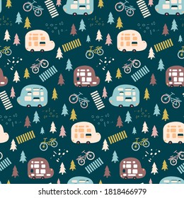 Seamless pattern with abstract city life, multi-storey buses, bicycles, roads, trees. Trendy modern texture for fabric, wallpaper, textile, clothing. Vector illustration