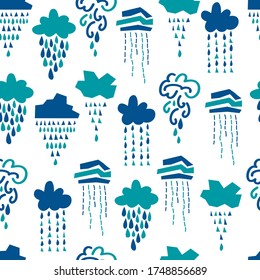 Seamless pattern with abstract clouds and rain in flat style. Vector weather background for wallpaper, scrapbooking, fabric, textile design