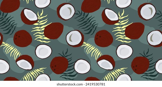 Seamless pattern with abstract coconut and palm leaves. Tropical exotic print. Vector graphics.