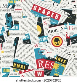 Seamless pattern with an abstract collage of magazine and newspaper clippings. Color vector background with illegible text, titles and illustrations on aliens topic. Wallpaper, wrapping paper, fabric