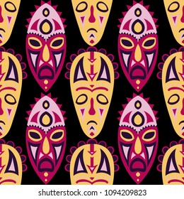 Seamless Pattern. Abstract Seamless Pattern with Color Masks for Print or Card. Ethnic Seamless Pattern with Color Trible Shamanic Masks for your Design. Vector Texture.