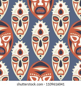 Seamless Pattern. Abstract Seamless Pattern with Color Masks for Print or Card. Ethnic Seamless Pattern with Color Trible Shamanic Masks for your Design. Vector Texture.