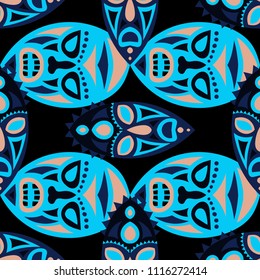 Seamless Pattern. Abstract Seamless Pattern with Color Masks for Poster or Banner. Ethnic Seamless Pattern with Color Trible Shamanic Masks for your Design. Vector Texture.