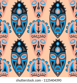 Seamless Pattern. Abstract Seamless Pattern with Color Masks for Textile or Paper. Ethnic Seamless Background with Color Trible Ritual Masks for your Design. Vector Texture.