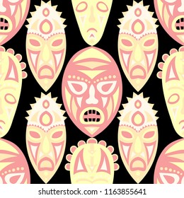 Seamless Pattern. Abstract Seamless Pattern with Color Masks for Textile or Paper. Ethnic Seamless Background with Color Trible Ritual Masks for your Design. Vector Texture.