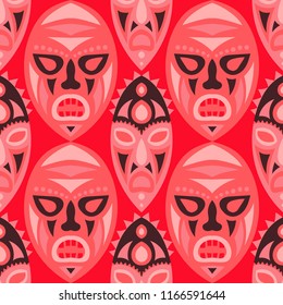 Seamless Pattern. Abstract Seamless Pattern with Color Masks for Card or Poster. Ethnic Seamless Background with Color Trible Ritual Masks for your Design. Vector Texture.