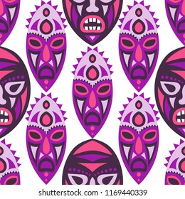 Seamless Pattern. Abstract Seamless Pattern with Color Masks for Textile or Paper. Ethnic Seamless Background with Color Trible Ritual Masks for your Design. Vector Texture.