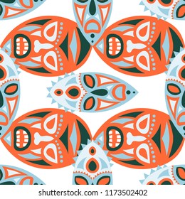 Seamless Pattern. Abstract Seamless Pattern with Color Masks for Print or Card. Ethnic Seamless Pattern with Color Trible Shamanic Masks for your Design. Vector Texture.