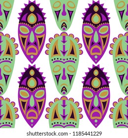 Seamless Pattern. Abstract Seamless Pattern with Color Masks for Textile or Paper. Ethnic Seamless Pattern with Color Trible Shamanic Masks for your Design. Vector Texture.