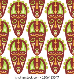 Seamless Pattern. Abstract Seamless Pattern with Color Masks for Textile or Paper. Ethnic Seamless Pattern with Color Trible Shamanic Masks for your Design. Vector Texture.