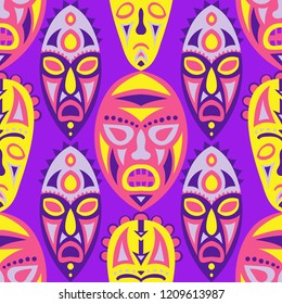 Seamless Pattern. Abstract Seamless Pattern with Color Masks for Textile or Paper. Ethnic Seamless Pattern with Color Trible Shamanic Masks for your Design. Vector Texture.