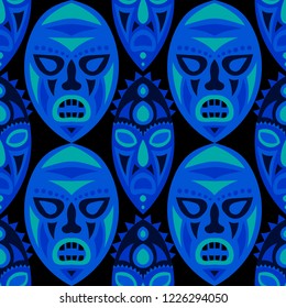 Seamless Pattern. Abstract Seamless Pattern with Color Masks for Poster or Banner. Ethnic Seamless Pattern with Color Trible Shamanic Masks for your Design. Vector Texture.